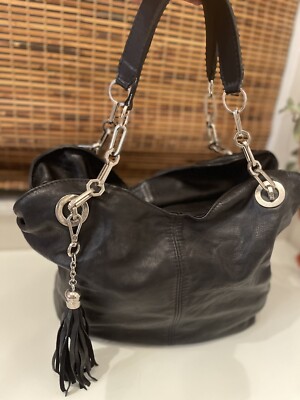 Vintage Black Leather Vera Pelle Greece Large Satchel Purse Many