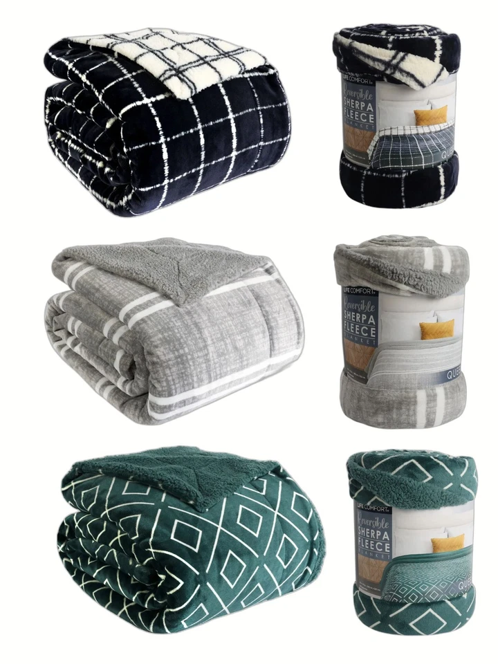 Life Comfort Reversible Sherpa Fleece Blanket, 98" X 92" Choice Gray/Blue/Green