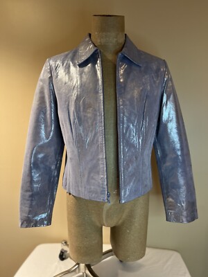 Mythology Blue Shimmer Leather Jacket Sz 8 $250 Retail Shiny Sheen