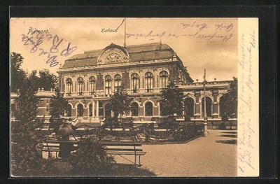 Bad Pyrmont, on a bench in front of the Kurhaus, postcard 1904 