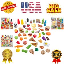 65-Piece Plastic Play Food Set for Play Kitchens, Fruits, Veggies, Sweets, Dr...