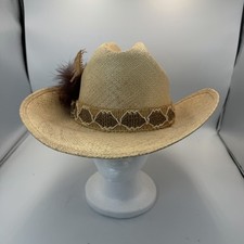 MHT Master Hatters Texas Straw Cowboy Hat Country Western Wide Brim Feather 73/8