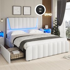 Queen Bed Frame with Headboard and 4 Storage Drawers, White LED Platform Bed