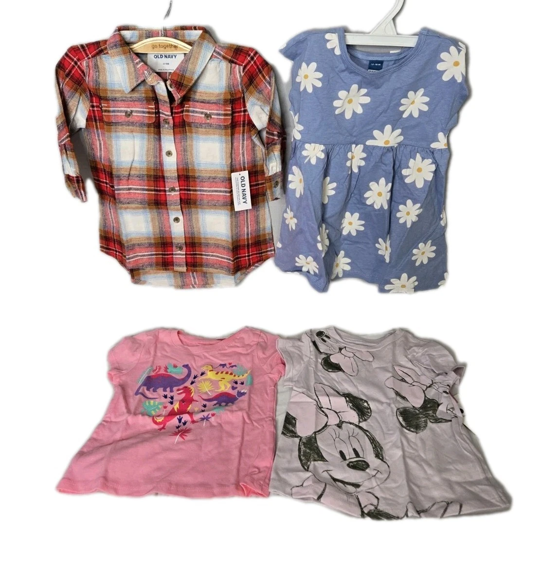 Bulk Lot Of Baby Clothes 12-18 Months 4 Items 1-Dress 2-T-Shirts 1-Plaid Button-