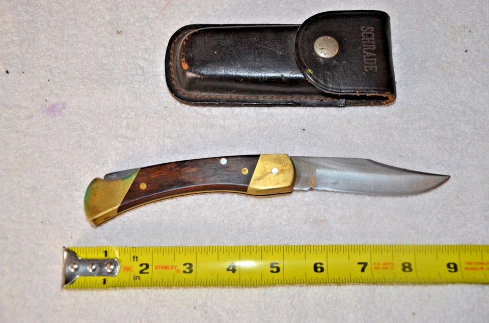 CUCHILLO PLEGABLE VINTAGE HENRY SCHRADE LB7 MARRÓN GRANO LATÓN HOJA GRANDE Foto 2 de 3