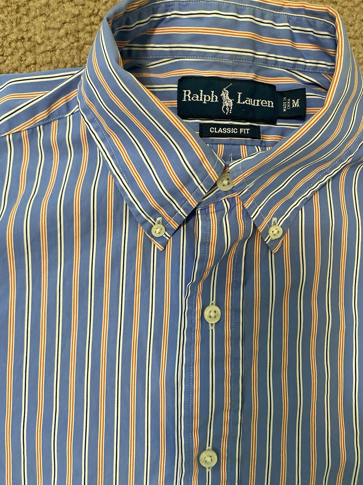 Ralph Lauren camicia uomo blu medio arancione a righe con bottoni polo arancione pony