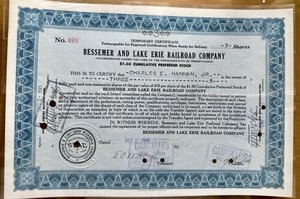 1949 Bessemer And Lake Erie Railroad Stock Certificate