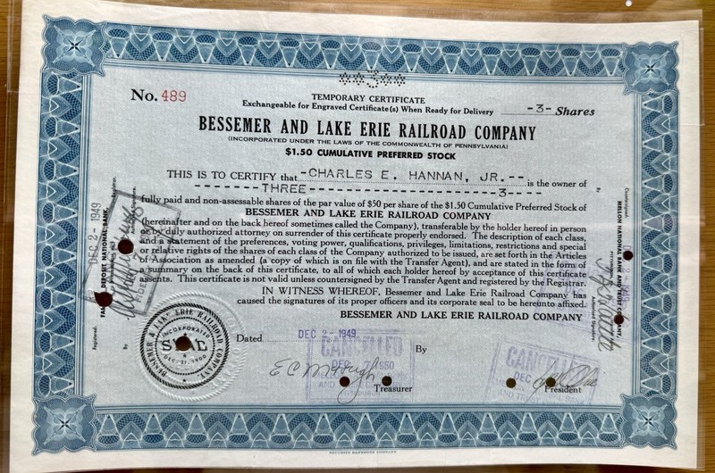 1949 Bessemer And Lake Erie Railroad Stock Certificate