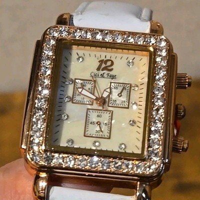 Cici & Faye Luxury Design Quartz Watch Square Face Gold White Glass Stones