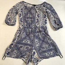AB Studio Blue White Print Off the Shoulder Romper Sz 6 A1477