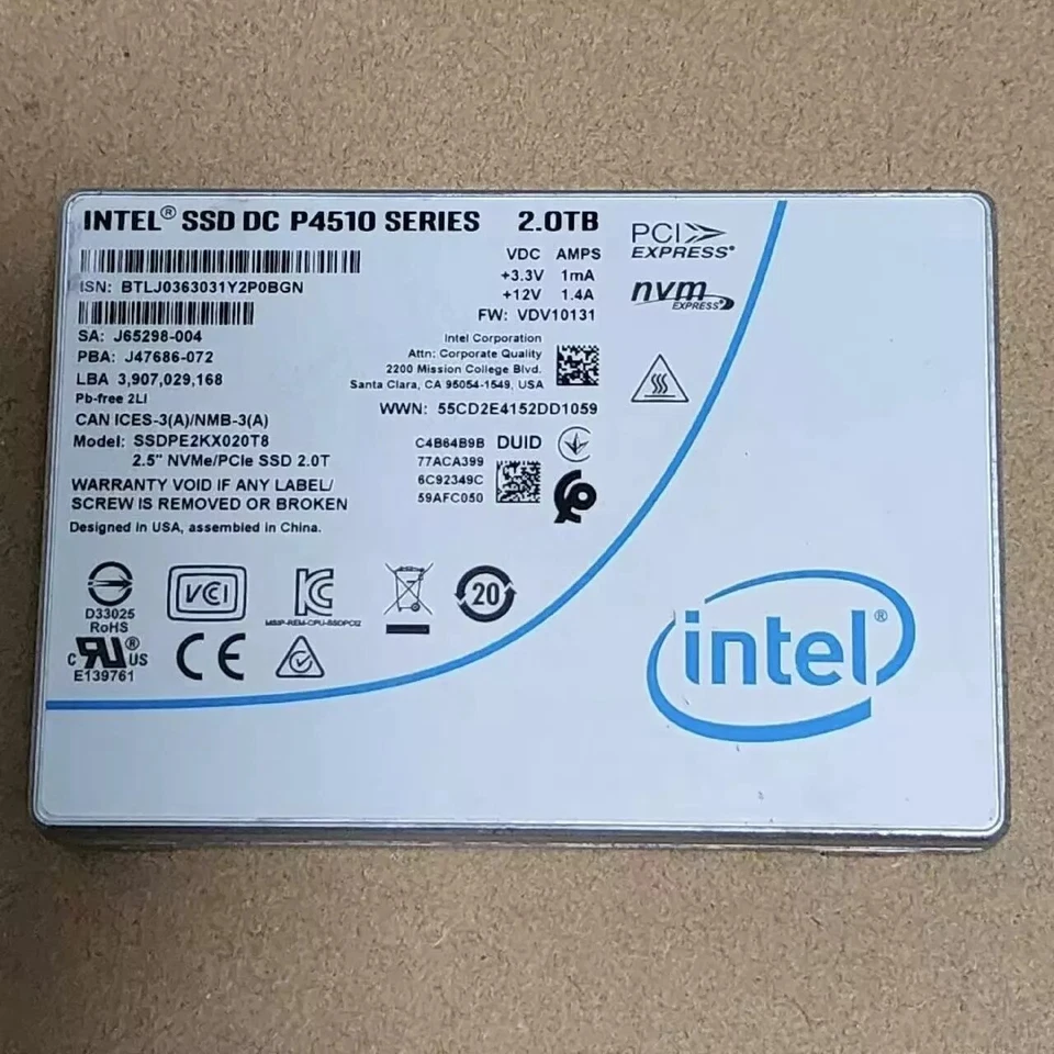 Intel P4510 2TB SSD Series DC NVME U.2 2.5" SSDPE2KX020T8 Solid State Drive
