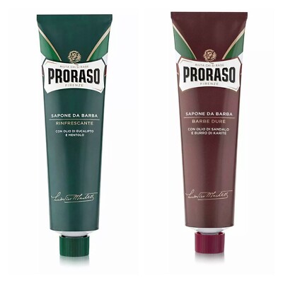 Proraso Shaving Cream Eucalyptus Menthol 150ml Tube Red & Green Sandlewood 2PACK