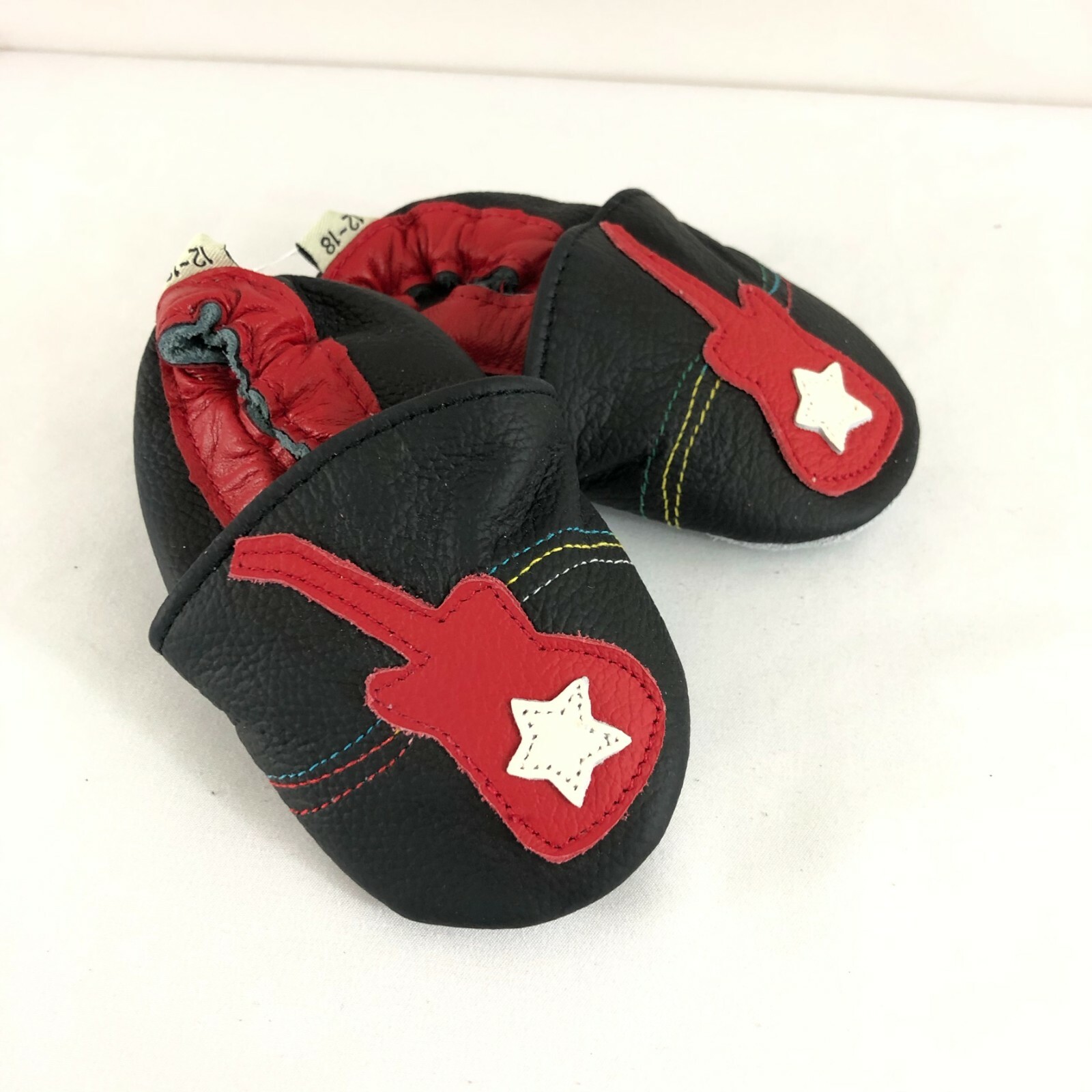 SAOLA Pantofole in pelle bambino ragazzo suola morbida slip on chitarra stella nero rosso taglia 12 18