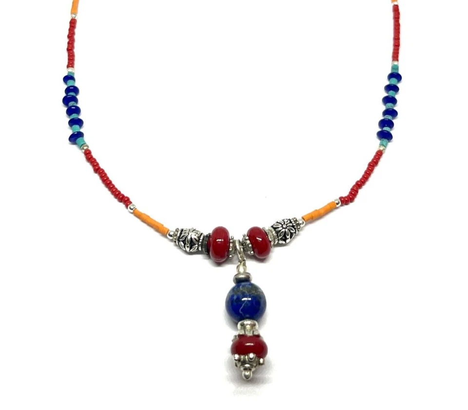 Lapis, Coral Gemstone Tibetan 925 Sterling Silver Necklace Jewelry 18" adjust - Image 4 of 4