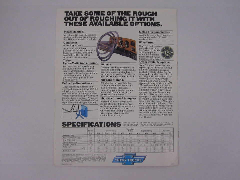 Chevrolet Chevy 1977 camioneta 4 ruedas 4x4 Blazer K10 K20 folleto de ventas catálogo Foto 3 de 3