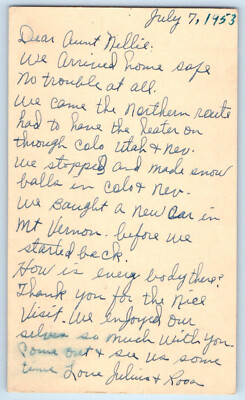 Antioch California CA Postal Card Letter to Aunt Nellie Arrived Home Safe 1953