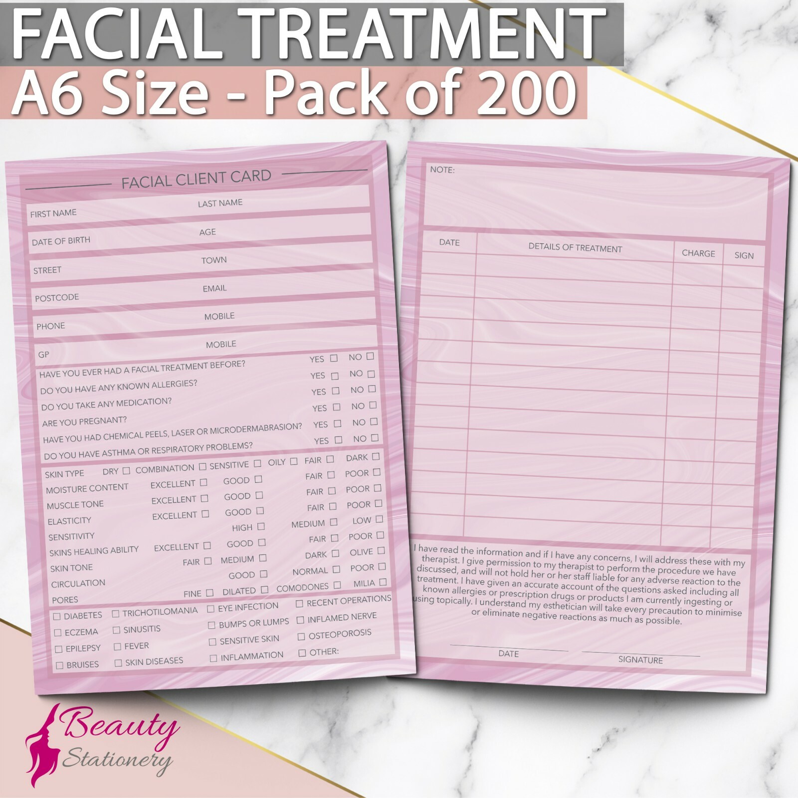 Facial Treatment Client Record Card Consultation Portrait PREMIUM Salon x200