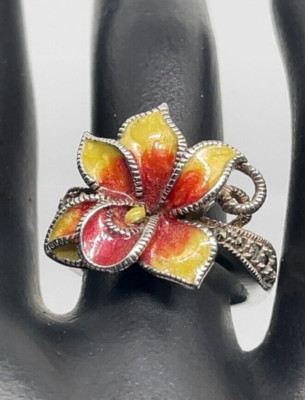 Vintage Judith Jack Emaille Orchidee Blume und Markasit Ring Größe 6 Neu ohne Etikett RAR