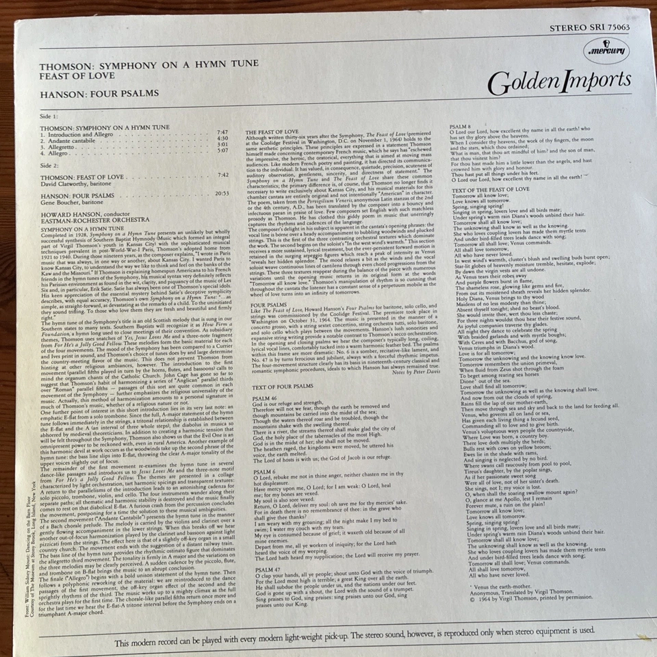 Virgil Thomson Howard Hanson Symphony On A Hymn Tune/ Feast Of Love/ Four Psalms Foto 2 de 4