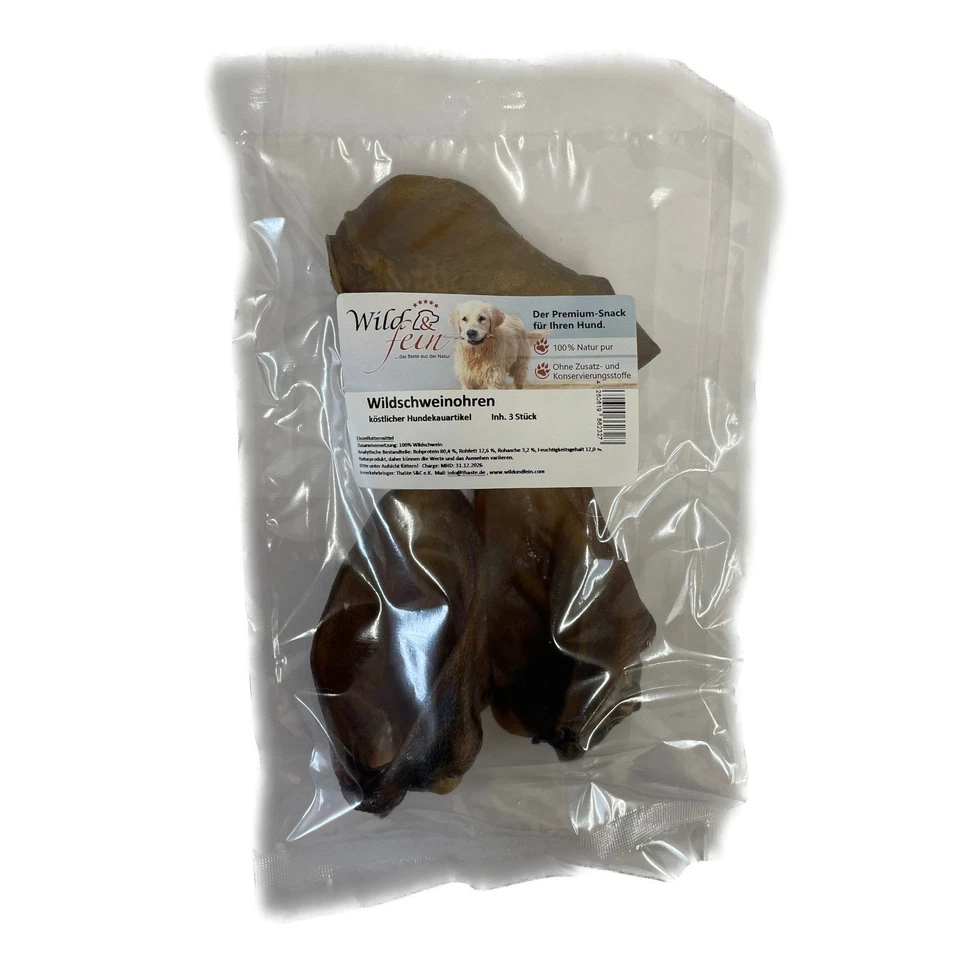 Wild & Fein Hundesnack Wildschweinohren 3 Stück Hundeleckerli Hundefutter Snack