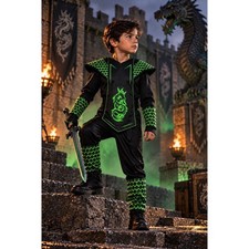 Light Up Green Dragon Ninja Costume Kids Large Black Hooded Halloween 2017