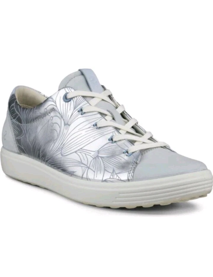 ECCO Soft 7 Floral Sneakers Pure Silver Concrete Leather EU 41 Women's 10 - 10.5