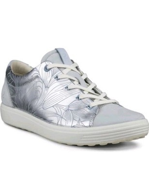 ECCO Soft 7 Floral Sneakers Pure Silver Concrete Leather EU 36 Womens 5 - 5.5 US