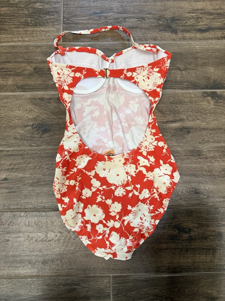 Tory Burch Swimsuit Medium Batik Orange Red Floral One Piece Small - Image 4 of 4
