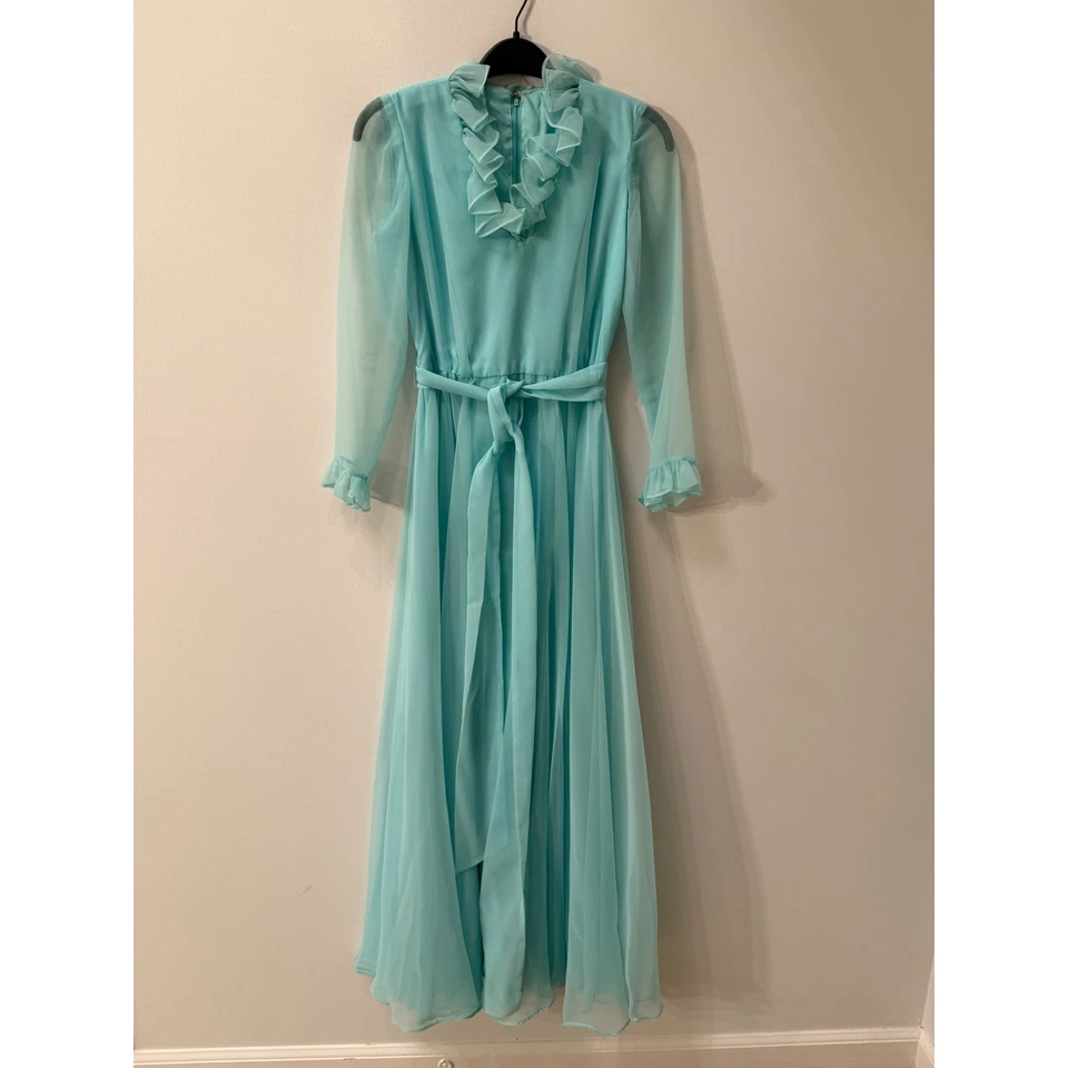 Vintage robins egg Blue Ruffle Neck Dress Long Sleeve Belted Formal Gown XS-S - Image 2 of 4
