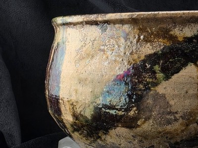 Signed Studio Raku Bowl Metallic Iridescent Carbon Trapped Pottery 6in LSFS