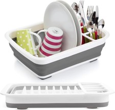 Image of Collapsible Dish Drainer Foldable Drying Rack Cutlery Holder Kitchen Grey
