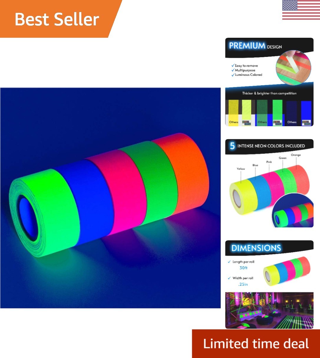 Vibrant Blacklight Reactive Glow Tape - 1in x 18ft for Unforgettable Parties
