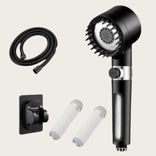 One black high-pressure handheld shower head with ion exchange hard water filter