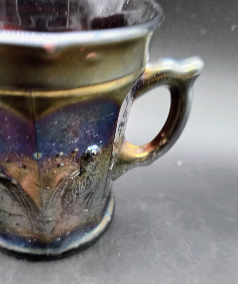 Antique Northwood Carnival Glass Singing Birds Amethyst Purple Mug Iridescent - Image 4 of 4