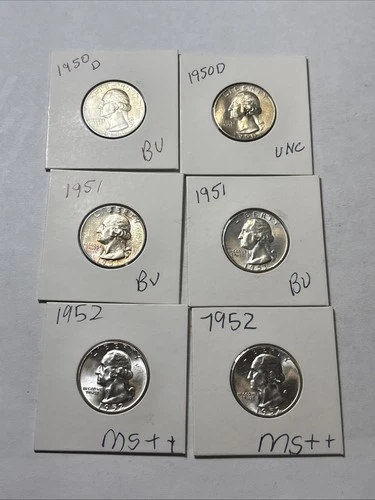 Lot Of 6 1950d,1951,1952  Mint 90% Silver Washington Quarter Uncirculated MS++