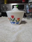 Vintage Fire King Tulips Milk Glass Grease Bowl w/lid 1950s