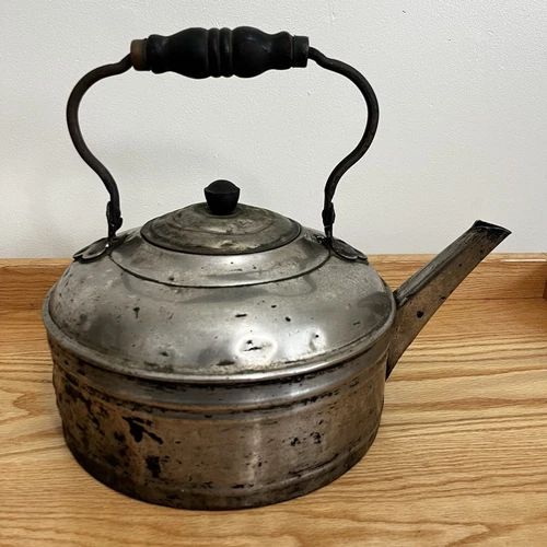 Vintage 10" Diameter Large Metal Aluminum Kettle Wood Handle Primitive Decor - Picture 3 of 14