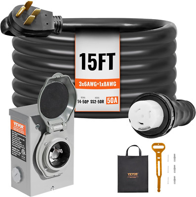 50 Amp Generator Cord & Inlet Box Kit 15FT Extension NEMA 14-50P Twist Lock ETL
