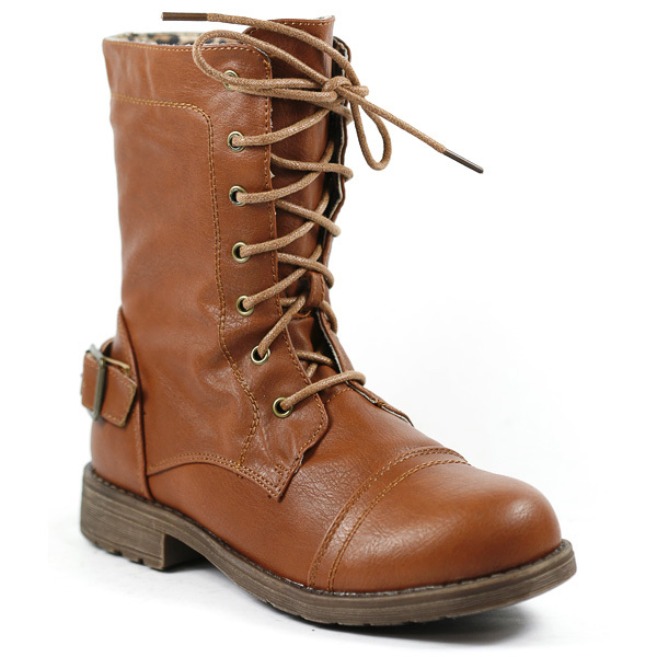Girl's Kids Cognac Brown Faux Leather Mid Calf Lace Up Military Combat