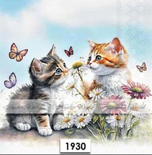 (1930) TWO Paper LUNCHEON Decoupage Art Craft Napkins - KITTENS CATS FLOWERS