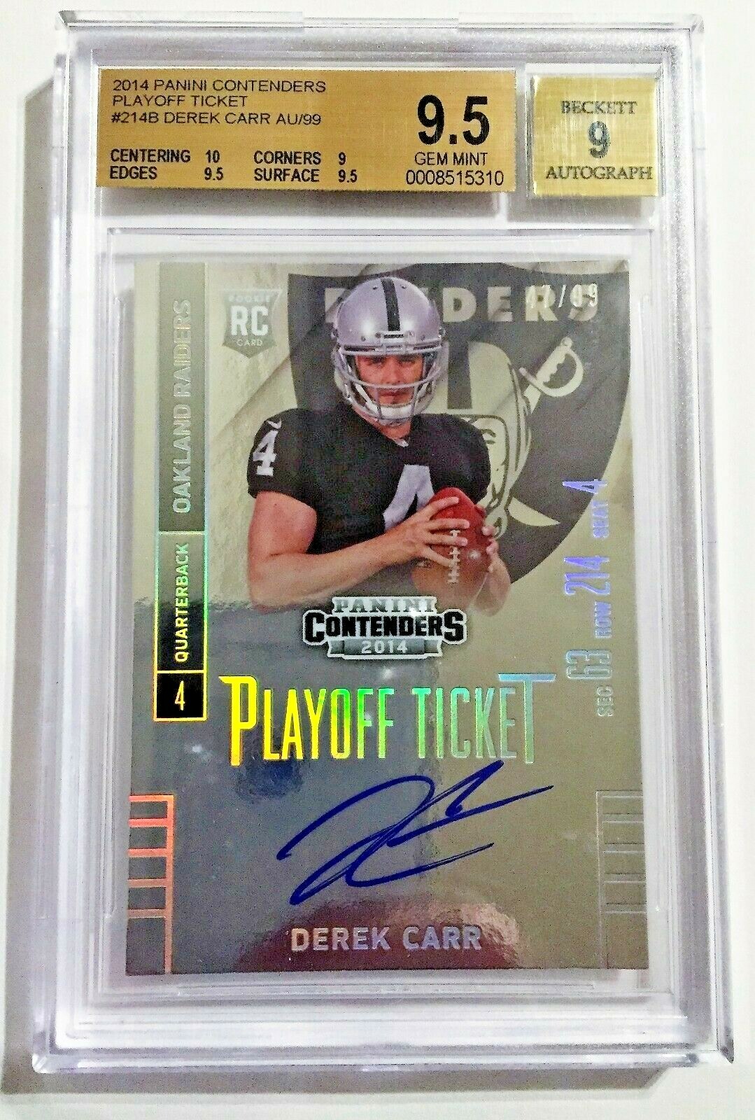 Derek Carr 2014 Panini Contenders Playoff Ticket Auto  /99 BGS 9.5