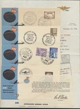 1954 Set of 4 SAS Flight Covers to Los Angeles +Inserts +Letter