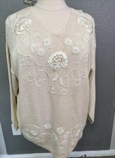 New Embroidered Sweater 16/18 White Tunic Cottage Lane Bryant Grandma Floral