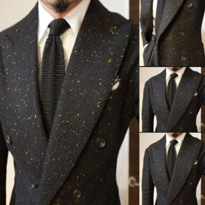 Fashion Tweed Men's Suits Wide Peak Lapel Double Breasted Formal Wedding Blazer