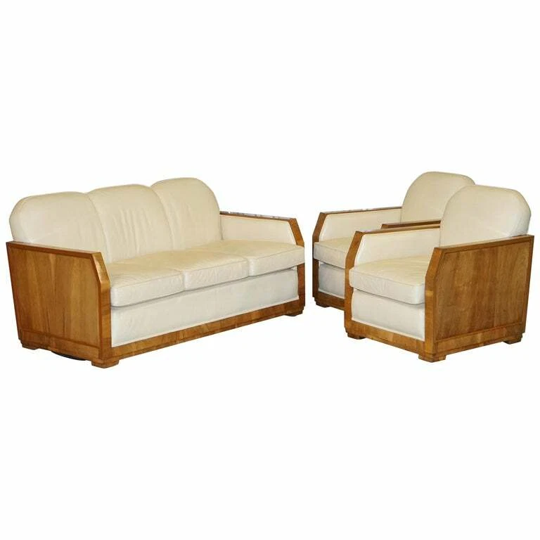 ART DECO HARRY & LOU EPSTEIN WALNUT & CREAM LEATHER SUITE SOFA & ARMCHAIRS PAIR