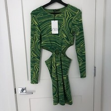 Zara Green & Yellow Marble Knit Cut Out Dress Size M NWT