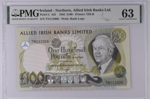 RARE 100 pounds 1982  UNC Allied Irish Bank Northern Ireland £100 PMG 63  P5 AI5 - Picture 1 of 2
