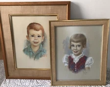 Lot Of 2 Vtg George Unger Jr Pastel Portraits Red Head Children Original Art 50s