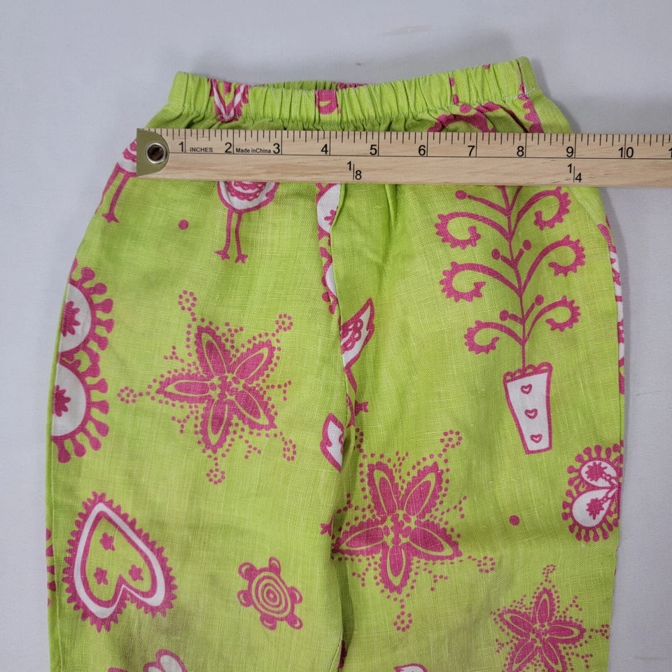 Greggy Girl Girl's LINEN Green Pink Pants Elastic Waistband Heart Bird Size 4 - Image 4 of 4