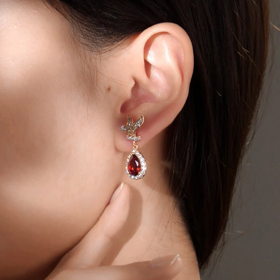 18k yellow gold made with SWAROVSKI crystal red pear drop dangle stud earrings - Image 2 of 4